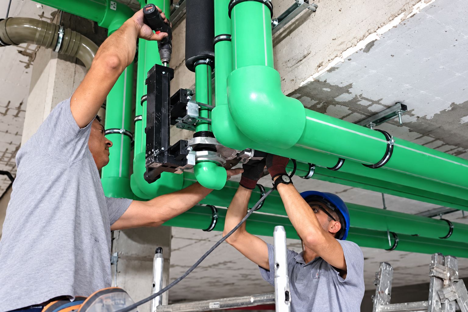 Técnicos de Hidrotecnia Pirámides trabajando en una instalación de tuberías